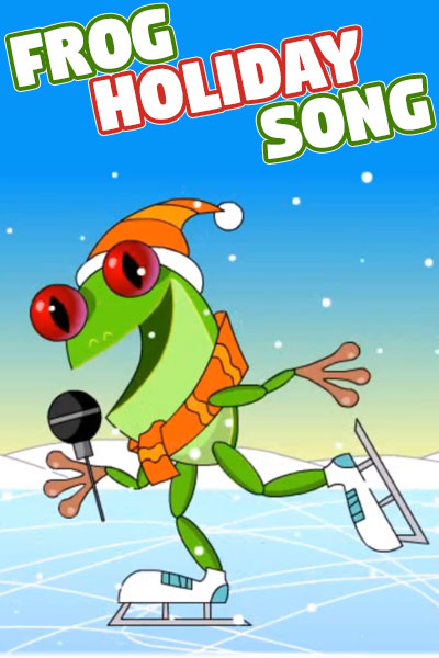 A frog is ice skating on a frozen pond. It is wearing a scarf, a knit cap, and singing into a microphone. Frog Holiday Song is written above it. 