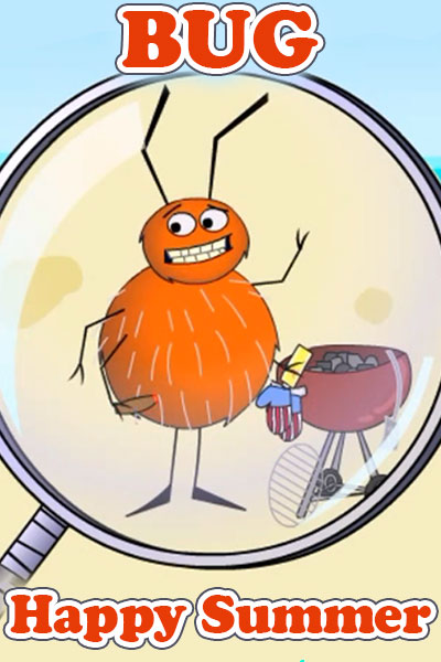 A magnifying glass shows us a bug. It is smiling and waving at the camera while it grills food.