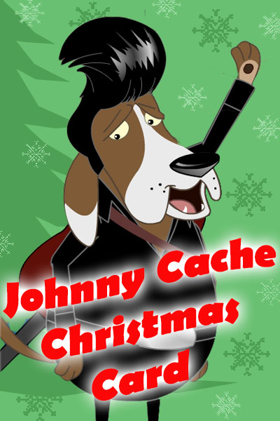 An illustrated basset hound waving, and holding a guitar, while wearing black clothes, and black pompadour style hair that make him resemble Johnny Cash. The green background has Christmas trees and snowflakes, and the words Johnny Cache Christmas Card is written across the bottom. 