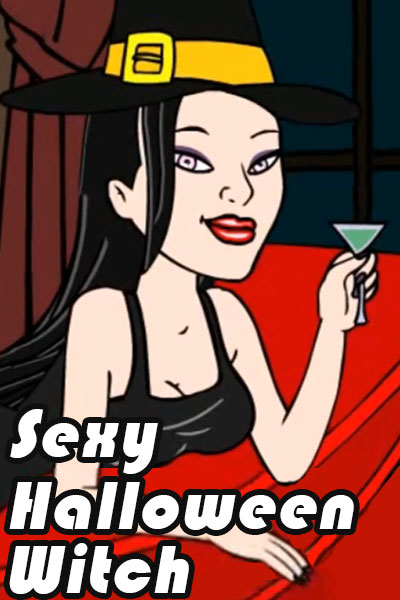 A witch leans against a cushion. She's wearing a pointy back hat, and a tank-top style dress that shows off her cleavage. She is toasting with a margarita glass.