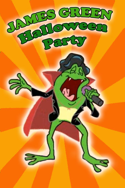 A frog dressed in the style of James Brown with a black jacket, and pompadour hairdo, also dons a vampire costume with a red and black cape, and fangs for Halloween. He is dancing and singing into a microphone.