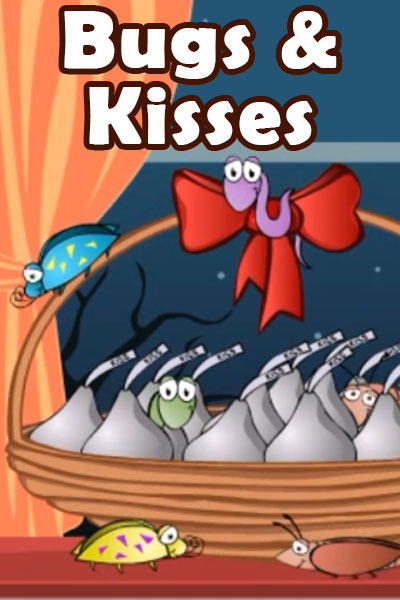 A basket full of chocolate kiss candies. There are cutesy bugs among the candies, and crawling around the basket.