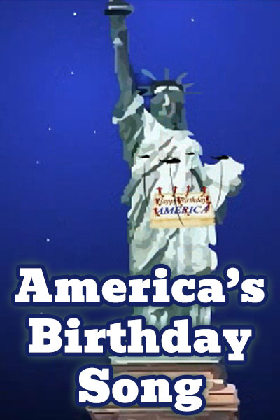 Several helicopters hover in front of the Statue of Liberty with a gigantic birthday cake hanging between them.  The words on the cake are 'Happy Birthday America.'