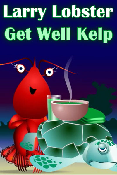 A lobster, and his turtle friend offer a glass of juice, bowl of soup, and warm compress to someone who's sick.