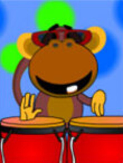 A monkey in sunglasses plays the bongos.