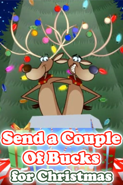 Two reindeer smile at one another. Their arms are around each other, and their antlers are decorated with strings of colorful Christmas lights.