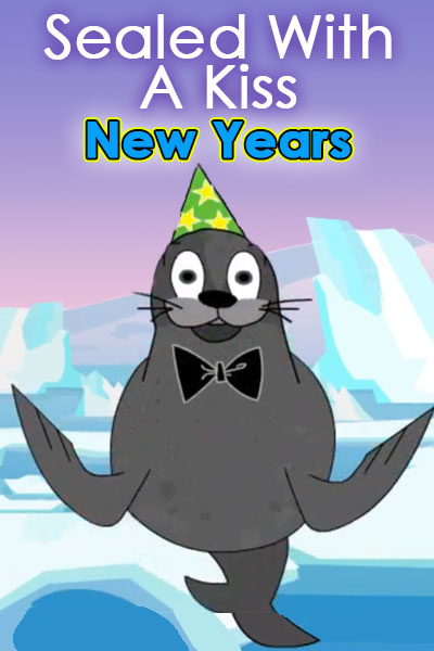 A smiling cartoon seal wearing a party hat and a bow tie. Sealed With a Kiss New Years is written above the seal’s head.