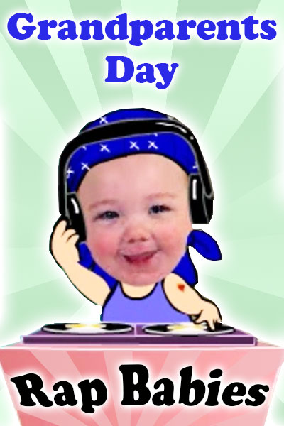 A baby wearing headphones spins records on a turntable.