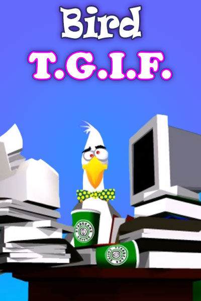 A disheveled seagull sitting at a desk stacked high with papers and before him,  a cup of Starbucks coffee. Above him the title of the ecard, "Bird TGIF"