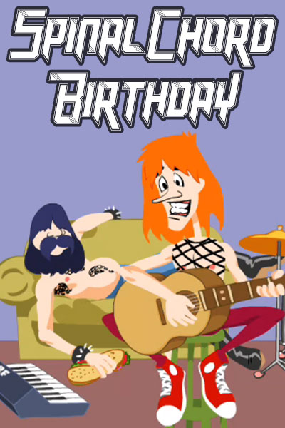 Two cartoon men who are parodying members Spinal Tap. One has orange, and a big smile on his face. The other is reclining in the background, and has dark hair that covers his eyes, and a huge mustache.