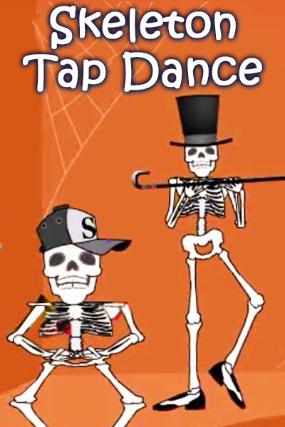 Two skeletons dance. One is wearing a sideways trucker hat, and the other is wearing a top hat and holding a cane.