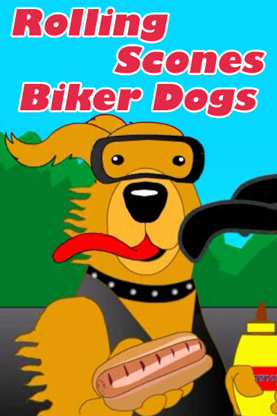 A cartoon golden retriever on the back of a motorcycle. He's wearing goggles, a collar, and a jean vest, and holding a hot dog. His fur and his tongue is being blown back by the wind. The name of this pet birthday card is written above the doggie.