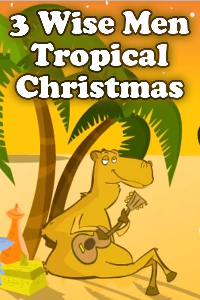 A camel leans against a palm tree while playing a song on a guitar.