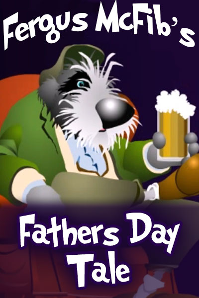 A thumbnail preview for the hilarious Father's Day ecard, is an Irish Wolfhound in a green driving cap, and green jacket. He sits in a comfy easy chair, ready to tell the viewer a story.