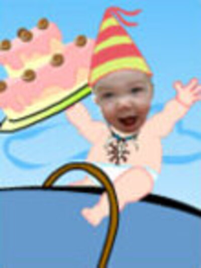 A baby riding on a whale laughs happily, and holds a birthday cake in the air.
