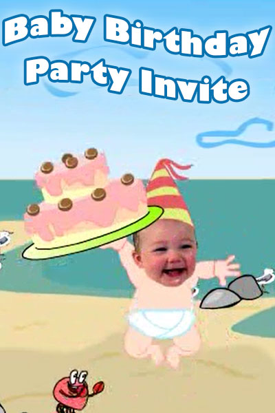 A baby riding on a whale laughs happily, and holds a birthday cake in the air.