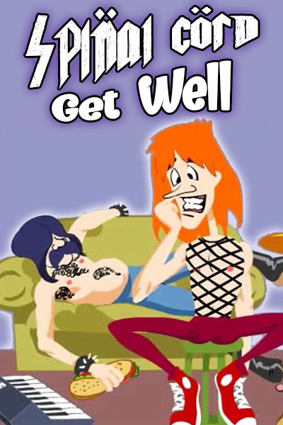 Two cartoon men who are parodying members Spinal Tap. One has orange, and a big smile on his face. The other is reclining in the background, and has dark hair that covers his eyes, and a huge mustache.