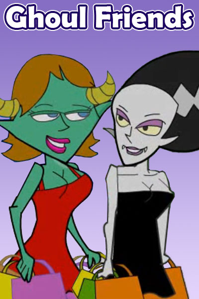 Two lady monsters shop together. One is green with horns, wearing a red dress. The other is the Bride of Frankenstein, with her tall black hairdo with a white stripe going up its length, and a black dress.