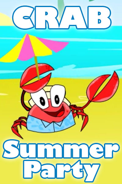 A crab wearing a Hawaiian shirt, and bucket hat, holds a small umbrella while on the beach.