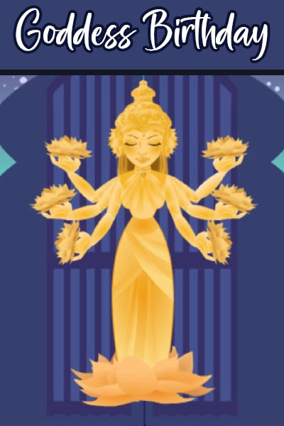 The Mother of the Universe, a golden, multi-armed moan, is combined with the image of a woman, who is using her multiple arms to perform many household chores at once.