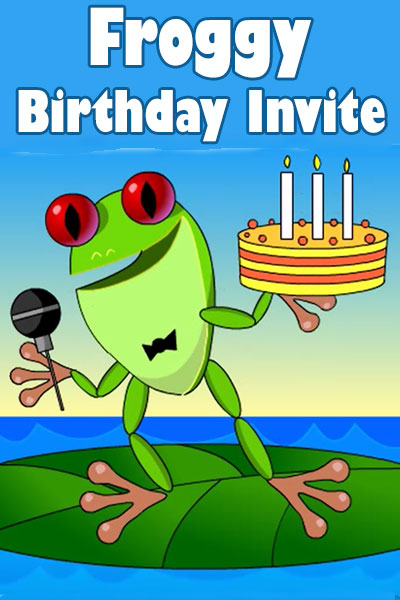 A frog standing on a lily pad, holds a birthday cake, and sings into a microphone.