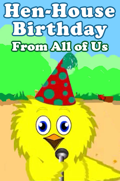 A yellow chick wearing a party hat, sings a birthday song into a microphone.