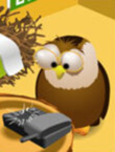 An owl looks at a cordless phone with a stressed look on its face.