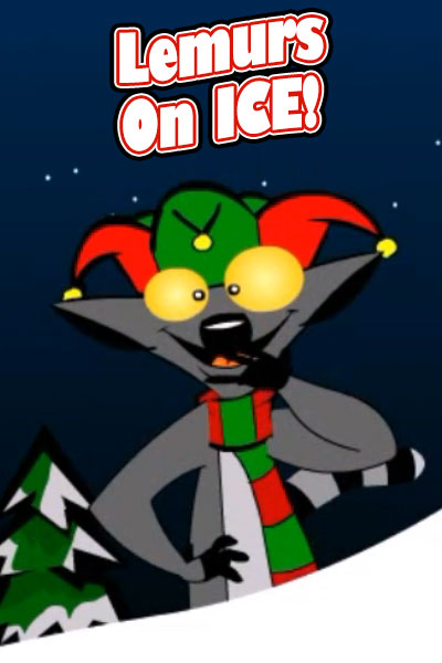 A lemur wearing a red and green elf hat, and striped scarf is excited to wish you a happy holiday. Lemurs on Ice is written above him.