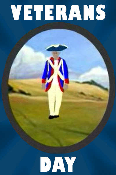 An illustration of a soldier in a colonial-style red, white, and blue uniform.