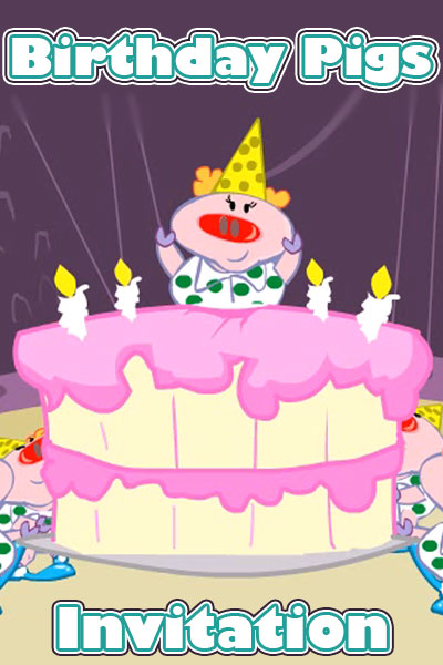 A pig wearing a polka dotted shirt, red nose, and clown wig jumps up from inside a birthday cake. 