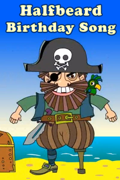 A cartoon pirate with a parrot on his shoulder is showing off his treasure chest.