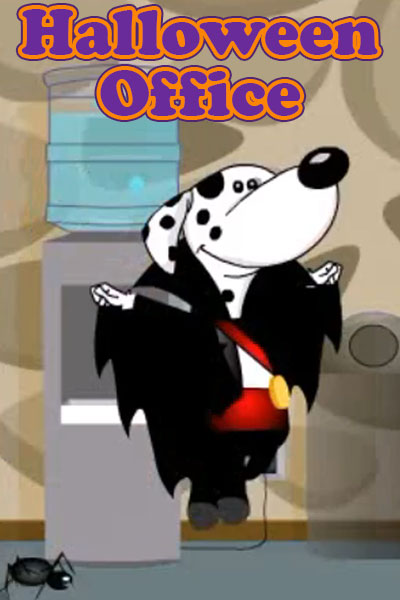 A vampire dog visits an office. He is floating above the floor, and accompanied by many bats and spiders.