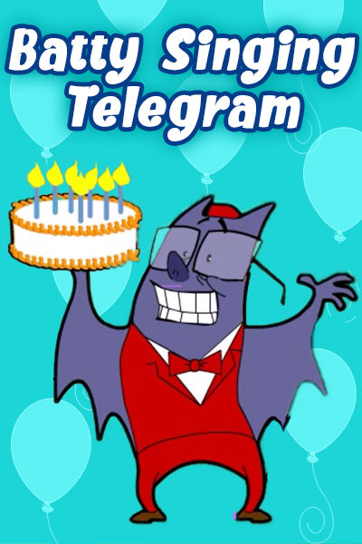 A cute cartoon bat, wearing glasses, and dressed in a red vest, bow tie, and slacks. He is smiling happily, and holding up a birthday cake with lit candles. The title of this musical ecard for birthday Batty Singing Telegram is written above him.