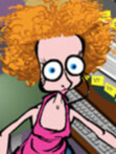 An office worker sitting at her desk. She's wearing a pink shirt, thick-rimmed glasses, and has a frizzy mop of red hair.