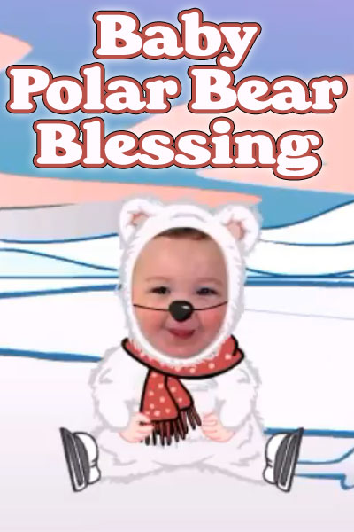 A baby wearing a polar bear costume onesie, and wearing ice skates sits on an ice floe at the North Pole. The ecard title Baby Polar Bear Blessing is written above the baby.