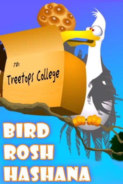 A seagull perched on a tree branch, looks through a large, boxed care package that was sent to his college.