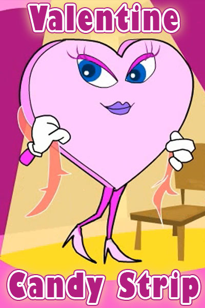 A purple candy heart with the words 'Hot 4 You' on it, does a striptease with a feather boa around her shoulders.