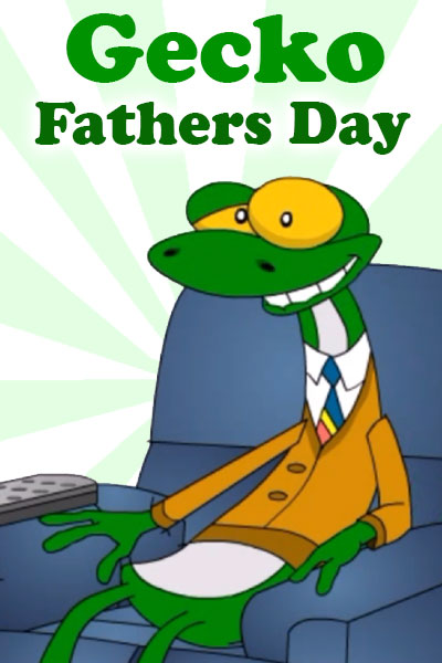 This animated Fathers Day greeting card thumbnail is a gecko wearing a tie, dress shirt and cardigan and sitting in an easy chair