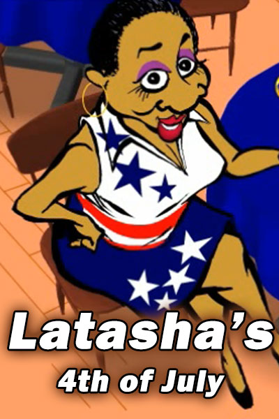 A sassy, 30-something black woman is sitting at a table in her favorite coffee shop. She is wearing a festive white dress with red, and blue stars and stripes on it.