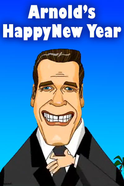 A cartoon version of Arnold Schwarzenegger, straightening his tie. Arnold’s Happy New Year is written above him. 