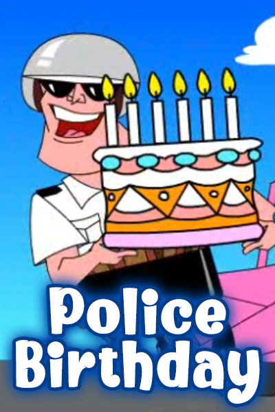 An excited cop is carrying a big birthday cake to give to someone he has pulled over to wish a happy birthday. The ecard’s title Police Birthday is written below him.