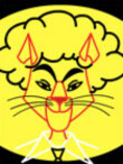 A neon-sign-style cat with an afro, and a wide-collared button up shirt.