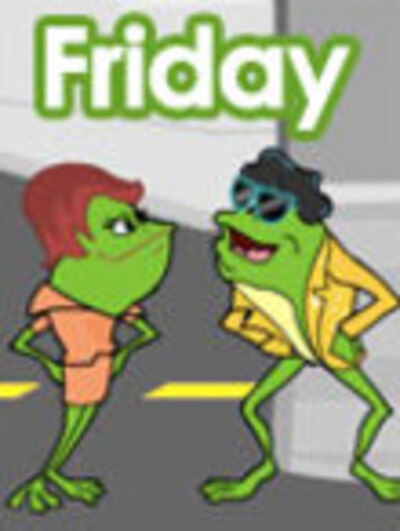A frog dressed in the style of James Brown is talking to a lady frog,