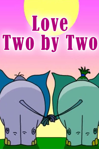 Two elephants stand together, watching the sunrise. Their tailes are twined together sweetly.