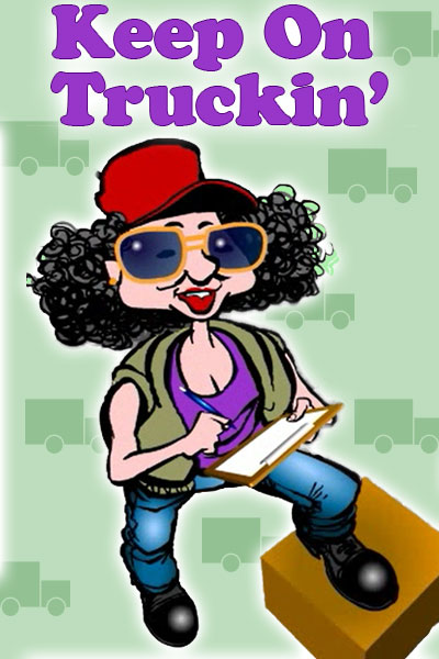 A woman truck driver looks at the viewer through her big sunglasses. One foot is propped up on a box, and she's holding a clipboard in her hand.