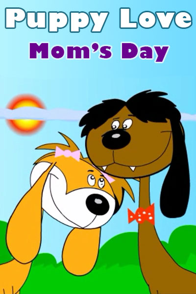 Two animated dogs lean together sweetly in the thumbnail of this funny Mothers Day greeting card.