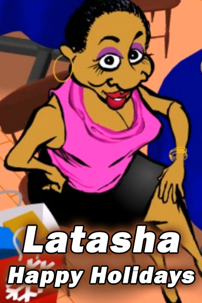  A 30-something black woman sitting at a table in a cafe. She is wearing a pink shirt, and black skirt, and has a gift bag sitting beside her. The ecard title Latasha Happy Holidays is written below her.