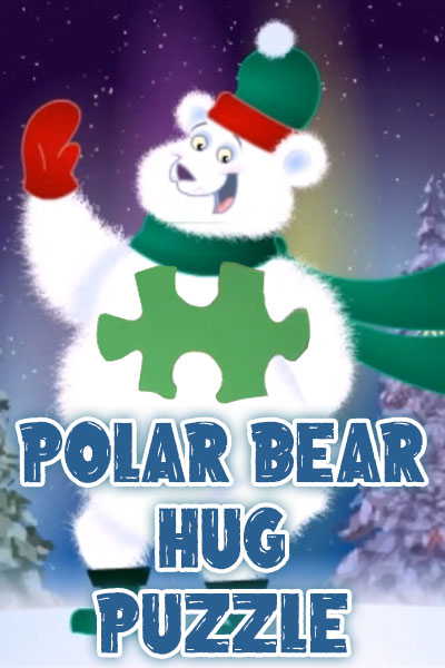 A fluffy polar bear wearing a festive red and green knit cap, scarf, and mittens waves cheerfully at the viewer. There is a blank, puzzle piece shaped spot over the polar bear’s chest. Polar Bear Hug Puzzle is written below the bear. 