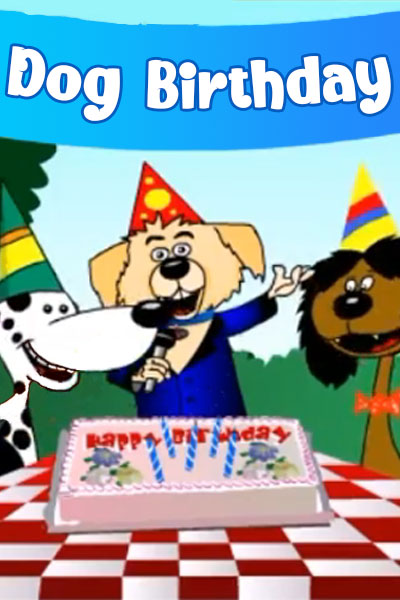 A fluffy, cheerful dog holds up a birthday cake with lit candles, and smiles at the viewer.