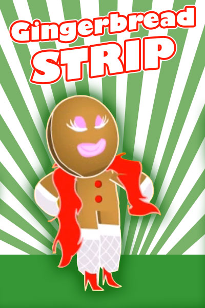 A gingerbread man is looking over a newspaper he holds in his hands. He is looking excitedly at a gingerbread woman doing a striptease.